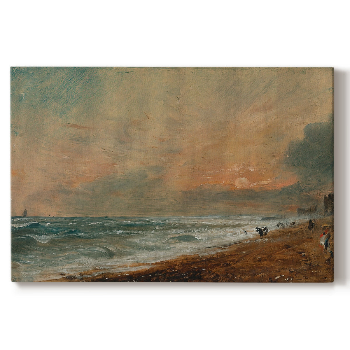 Canvas art print portraying a coastal shoreline with waves and open sky along beach, set against a white background