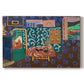 Canvas art print portraying a colorful interior with table, aubergines, and richly patterned surfaces, set against a white background