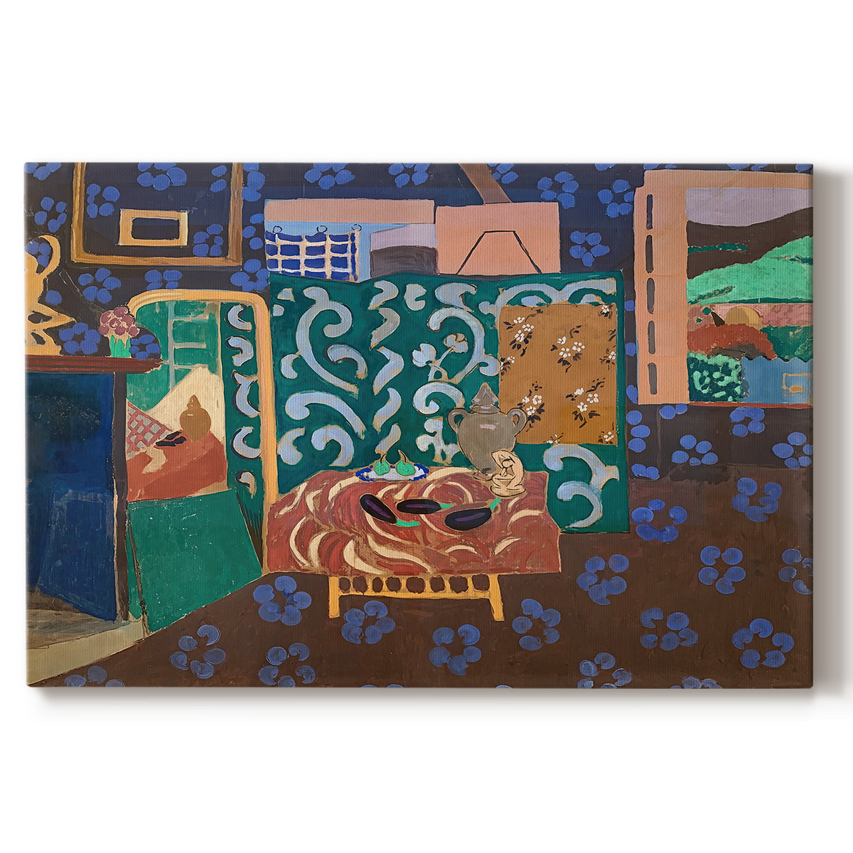 Canvas art print portraying a colorful interior with table, aubergines, and richly patterned surfaces, set against a white background