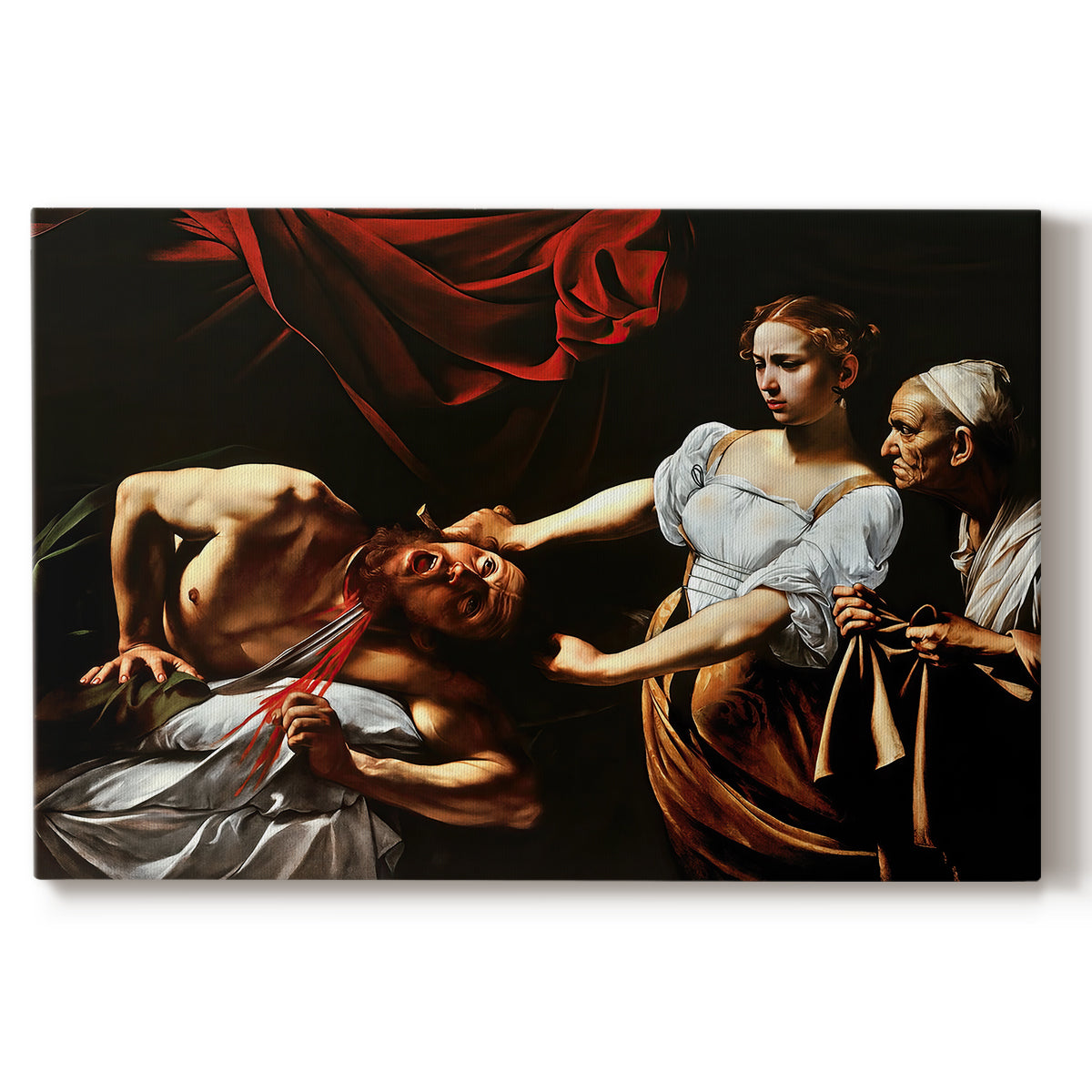 Canvas art print portraying Judith cutting off Holofernes' head as maidservant assists beside her, set against a white background