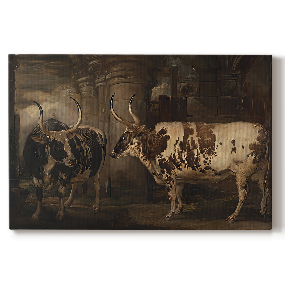 Canvas art print portraying two oxen standing side by side in open rural landscape, set against a white background