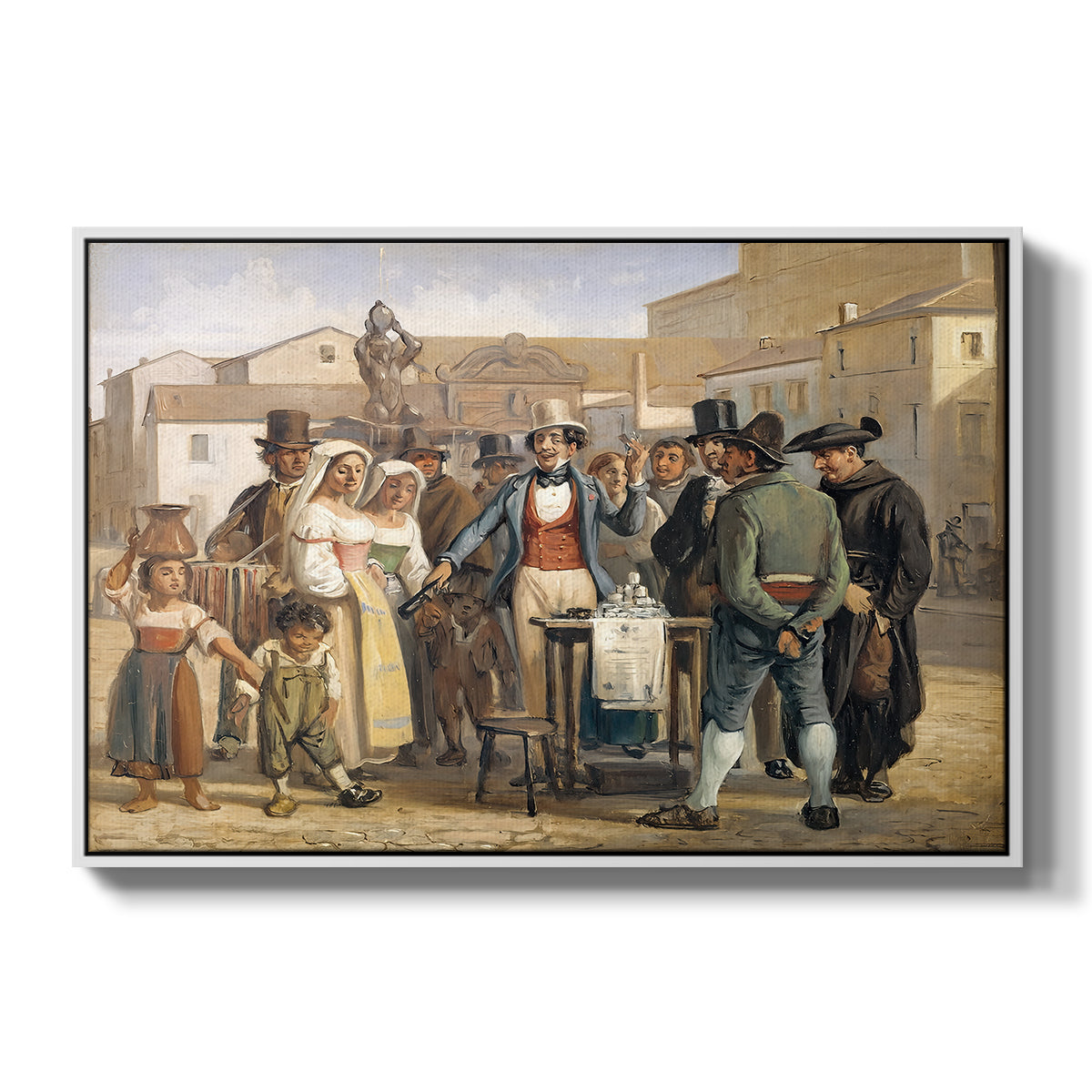 A Charlatan Selling Blacking in the Piazza Barberini in Rome, c. 1840-1849 - Floater Framed Canvas Print