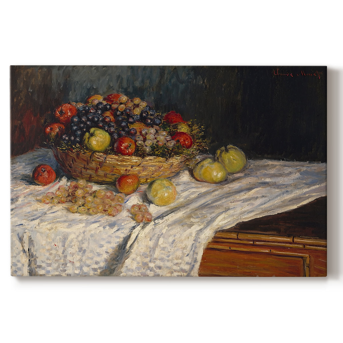 Canvas art print portraying an arrangement of apples and grapes on table with soft natural light, set against a white background