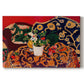 Canvas art print portraying a vibrant still life with fruit, vessels, and patterned objects on a table, set against a white background