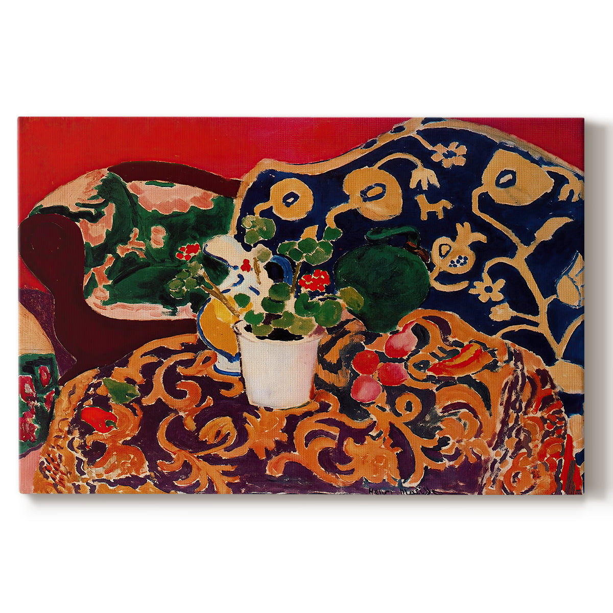Canvas art print portraying a vibrant still life with fruit, vessels, and patterned objects on a table, set against a white background