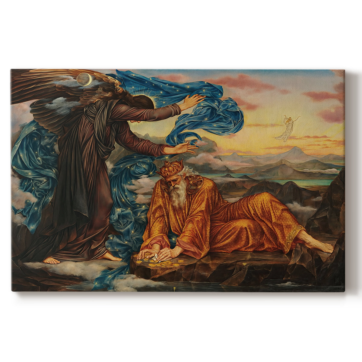 Canvas art print portraying a reclining female figure surrounded by symbolic elements in dreamlike setting, set against a white background