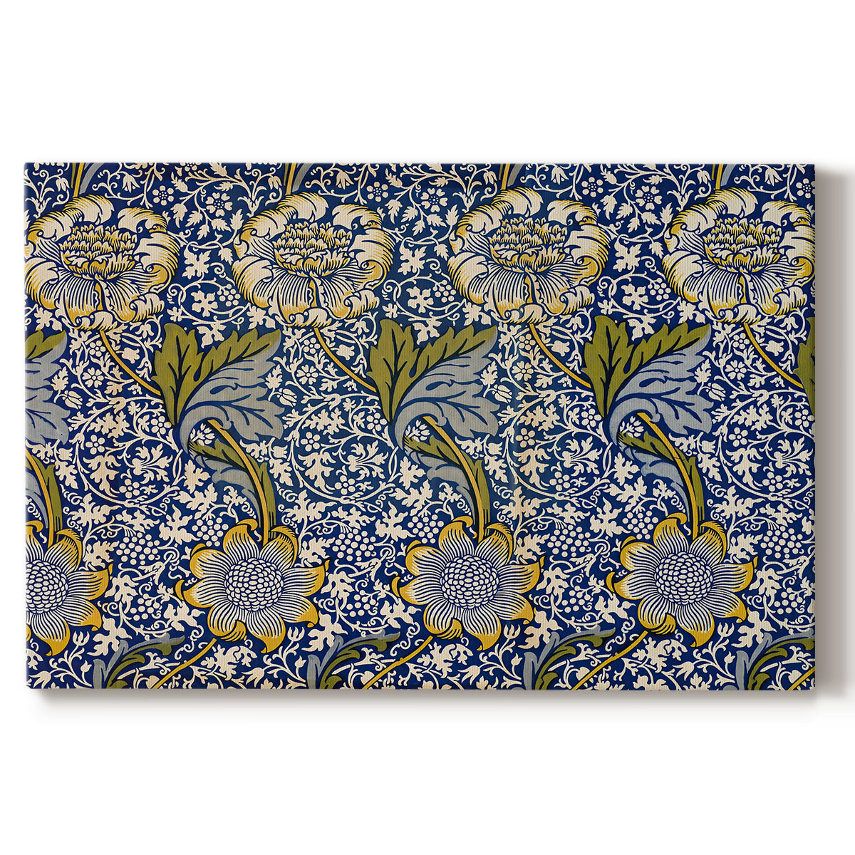 Canvas art print portraying a repeating pattern of birds and plants intertwined in dense decorative layout, set against a white background