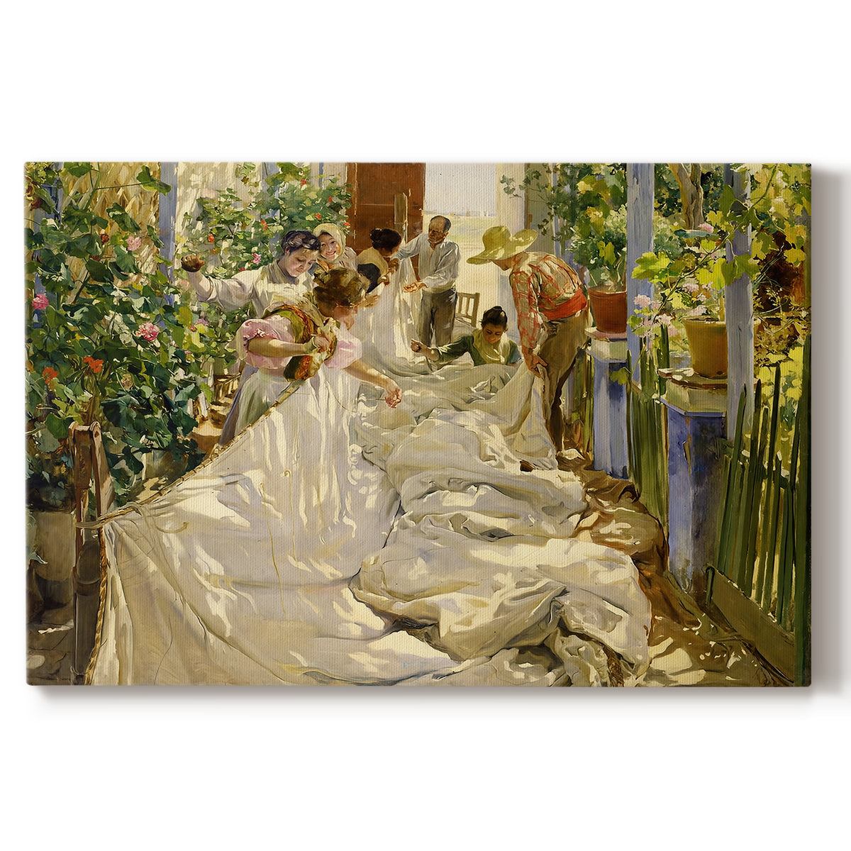 Canvas art print portraying figures working together sewing large sail outdoors in bright light, set against a white background
