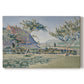 Canvas art print portraying a village with meadow and buildings in soft dotted color, set against a white background