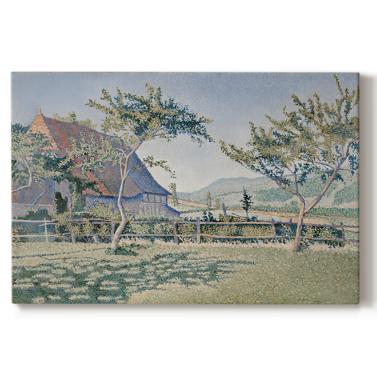 Canvas art print portraying a village with meadow and buildings in soft dotted color, set against a white background