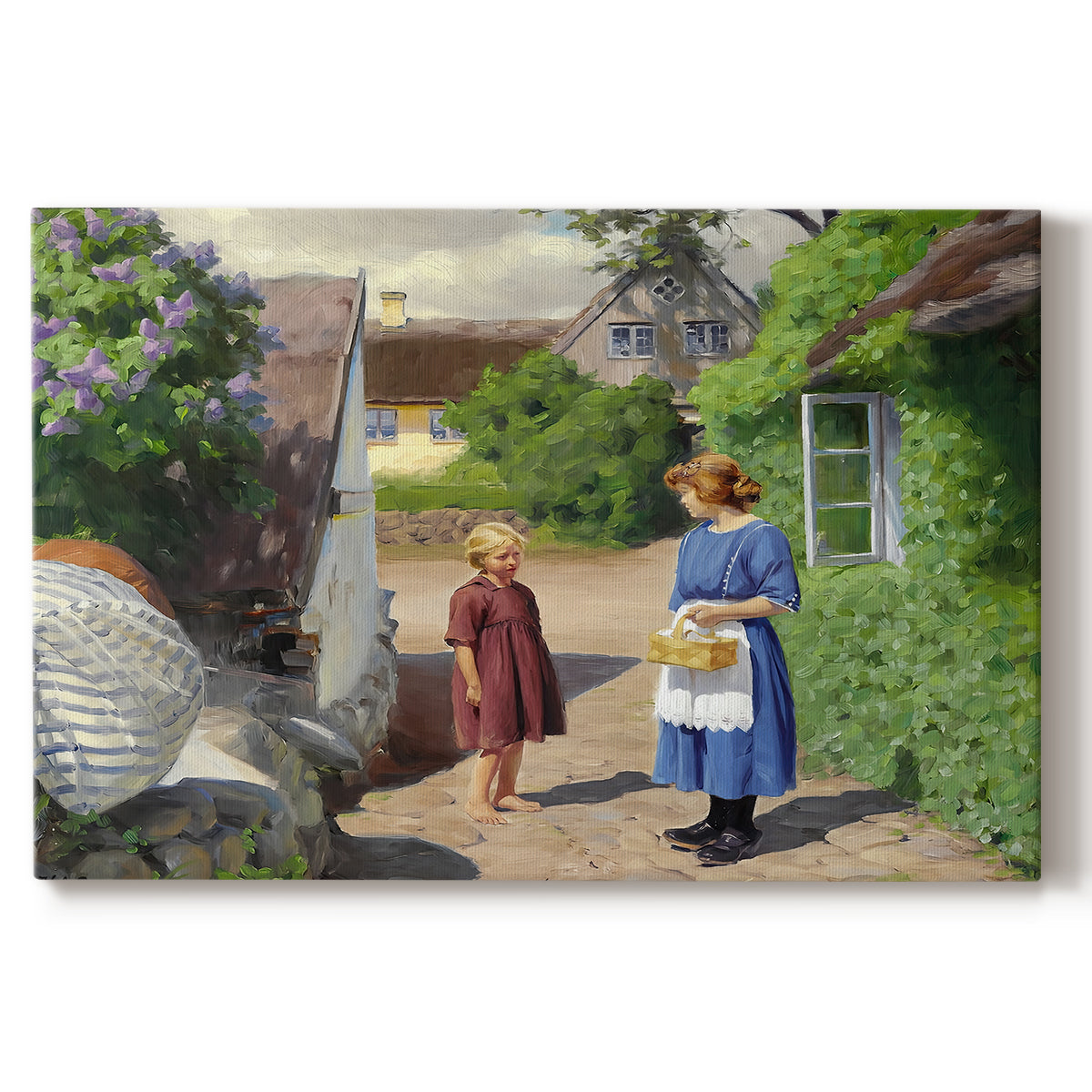 Canvas art print portraying people walking along village path beside houses in bright summer light, set against a white background