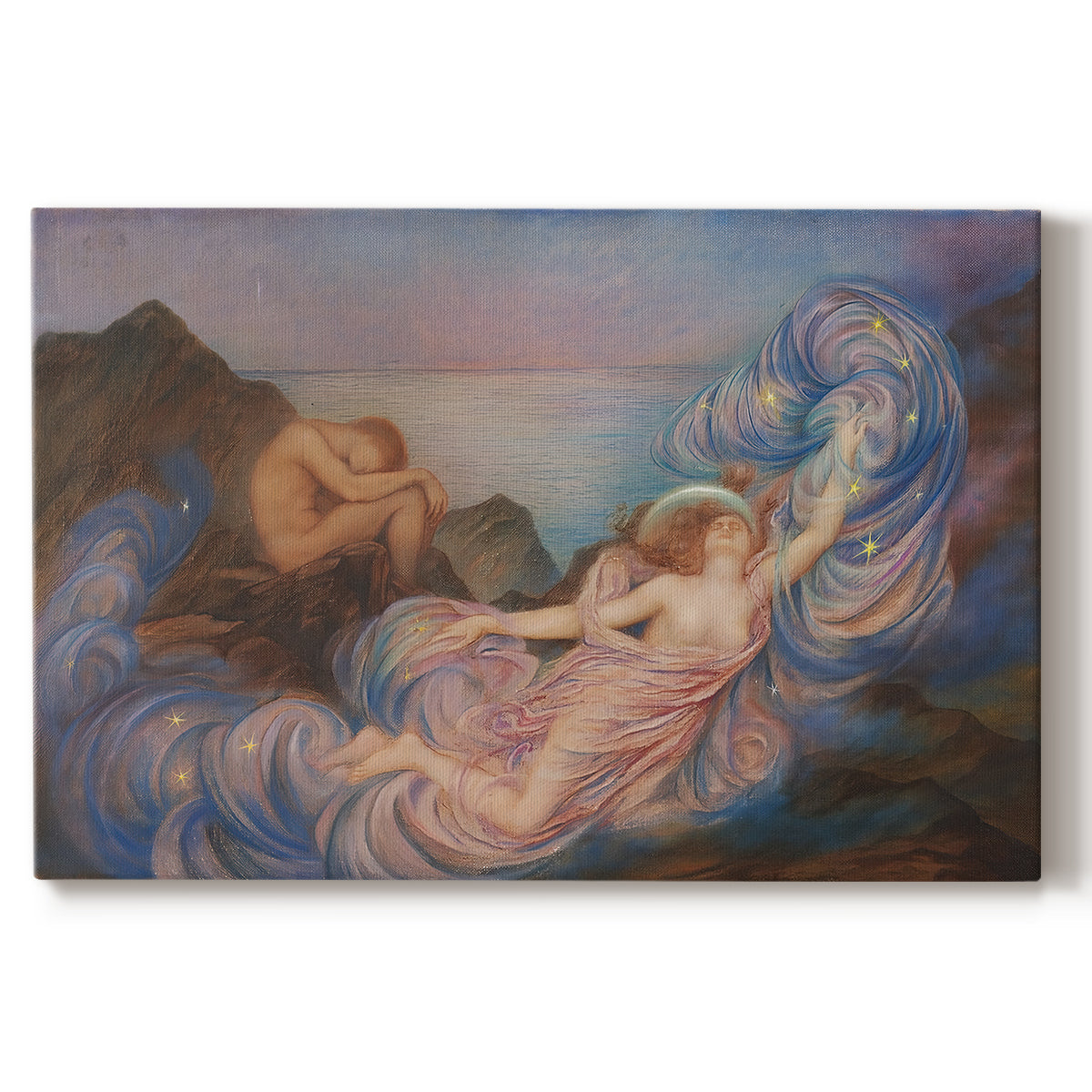 Canvas art print portraying a reclining female figure beneath glowing sky at twilight with soft colors, set against a white background