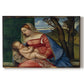 Canvas art print portraying a Madonna cradling child in close devotional scene with rich blue and red garments, set against a white background