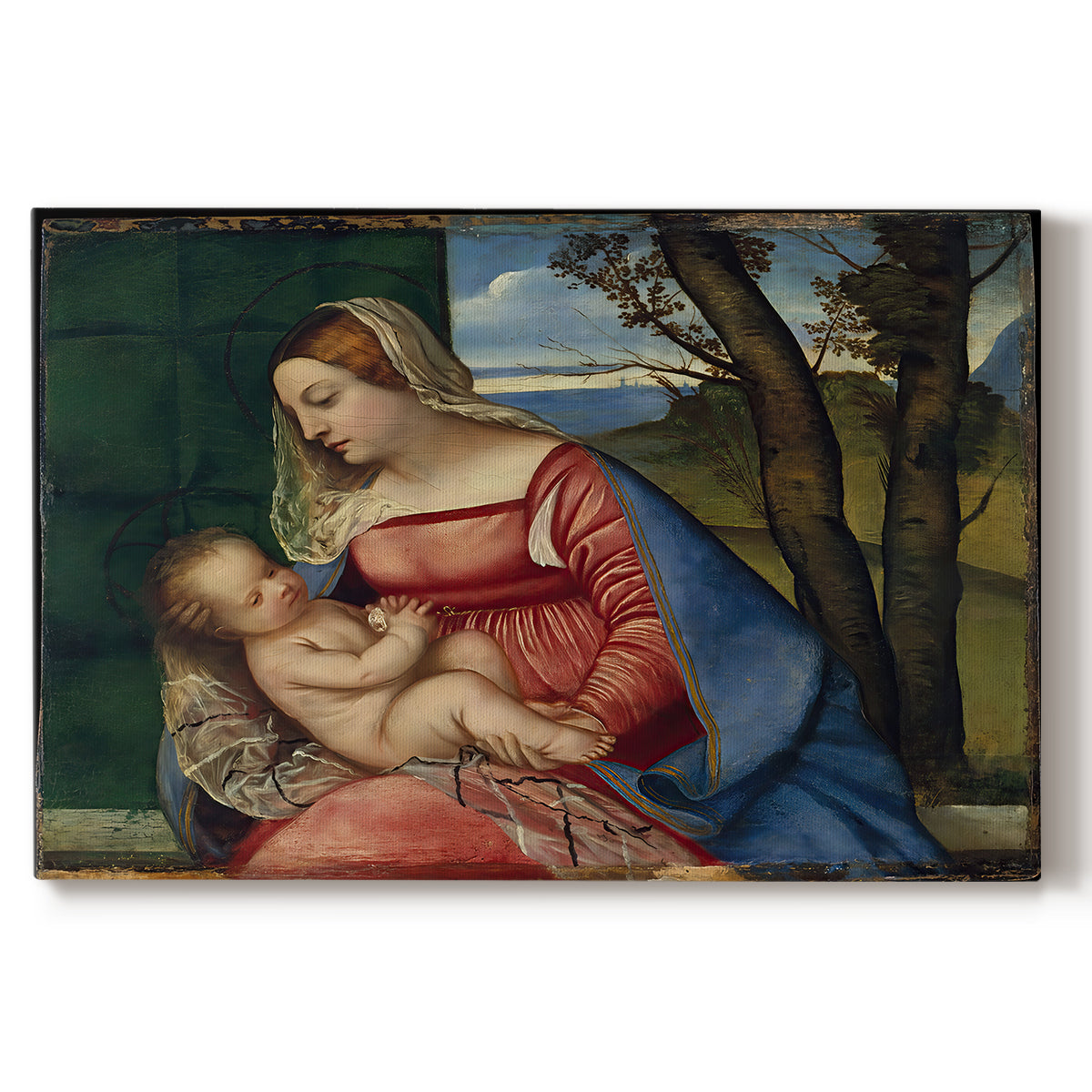 Canvas art print portraying a Madonna cradling child in close devotional scene with rich blue and red garments, set against a white background