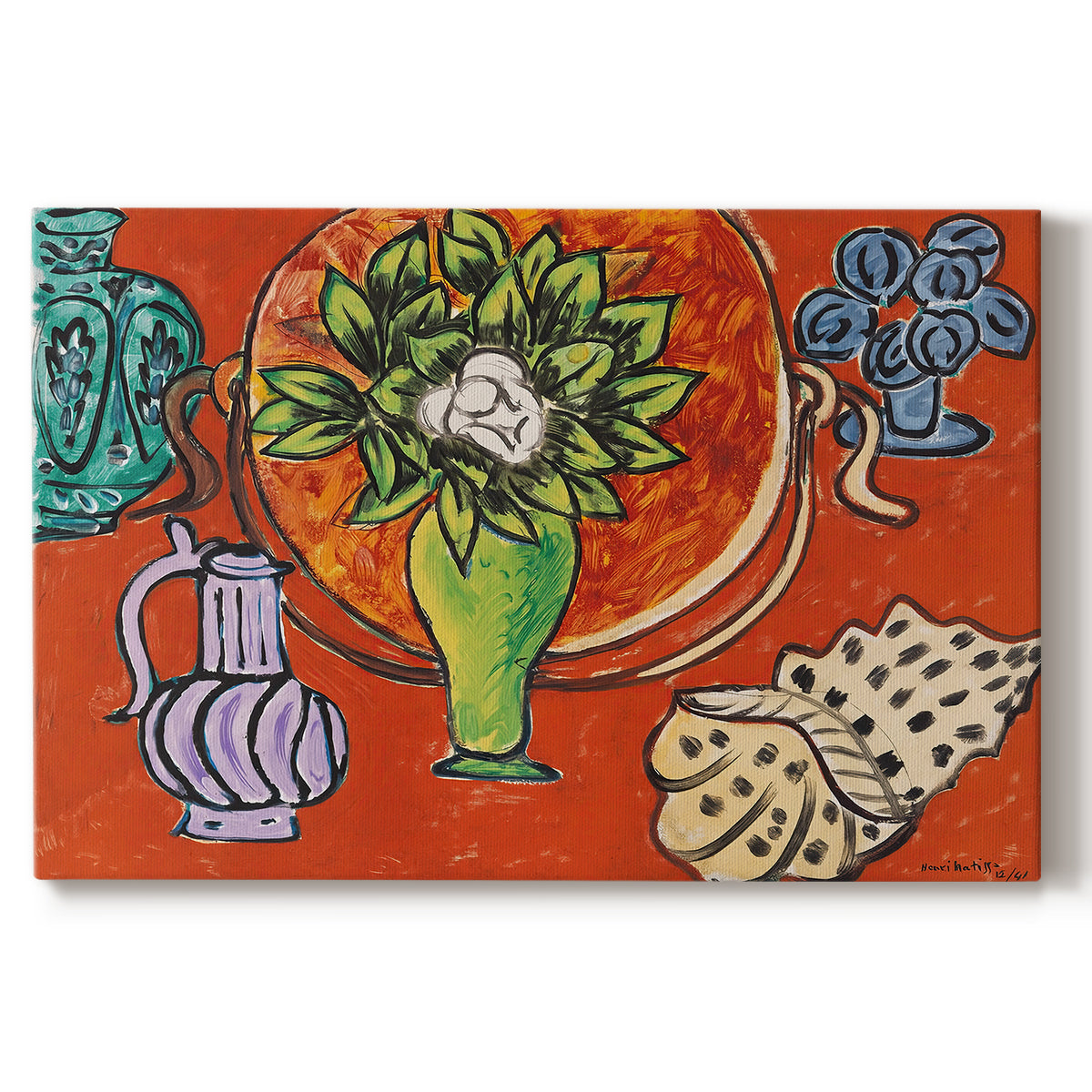 Canvas art print portraying magnolia flowers arranged in a vase within a patterned still life, set against a white background