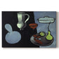 Canvas art print portraying a minimal still life with gourds and vessels on a dark surface, set against a white background