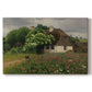 Canvas art print portraying a farmhouse surrounded by meadow filled with wildflowers and greenery, set against a white background