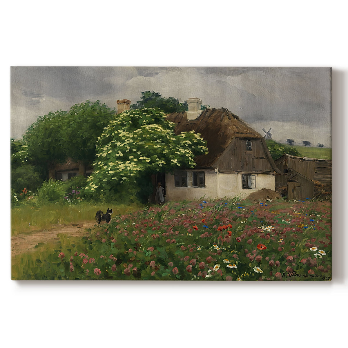 Canvas art print portraying a farmhouse surrounded by meadow filled with wildflowers and greenery, set against a white background