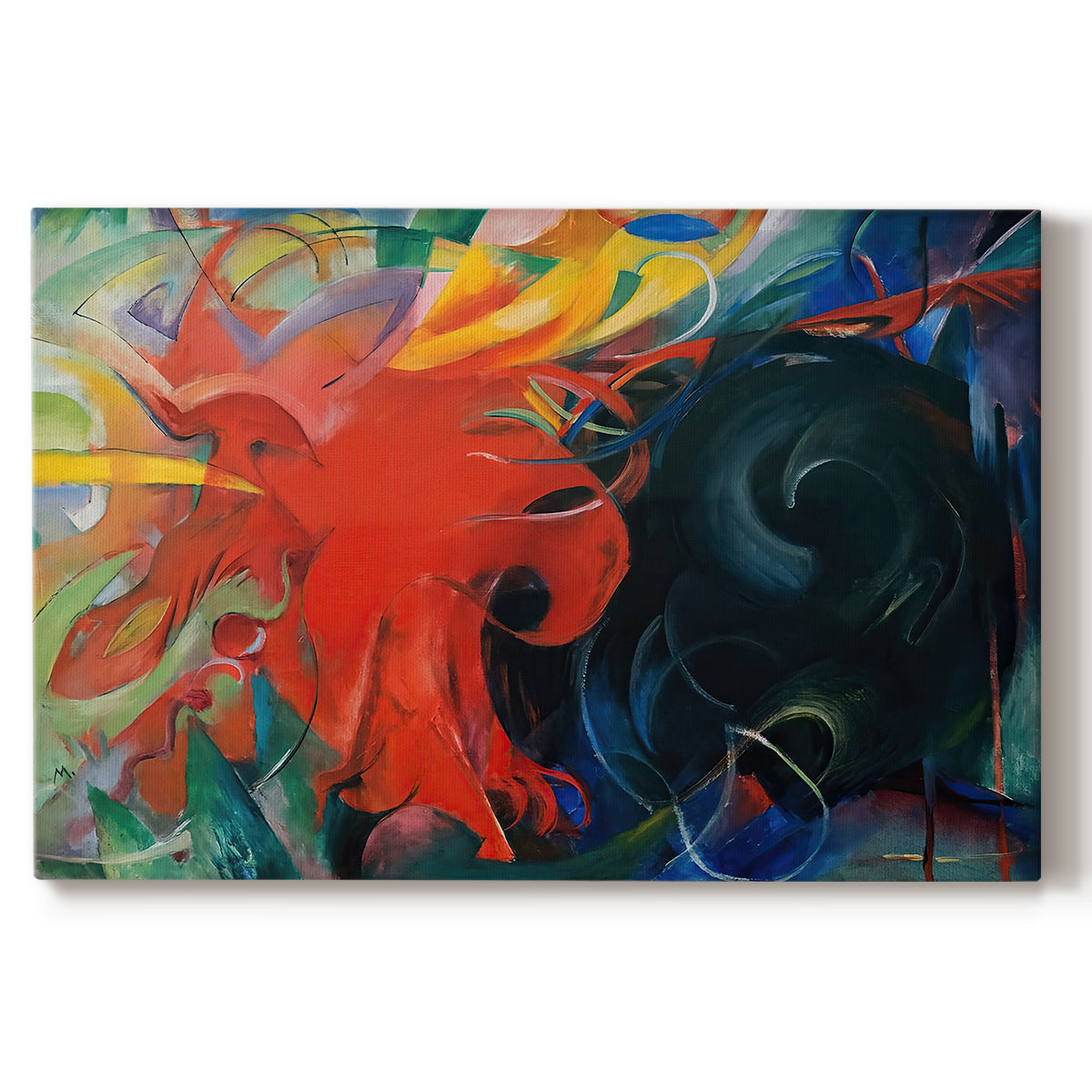 Canvas art print portraying a dynamic abstract shapes colliding in energetic composition, set against a white background