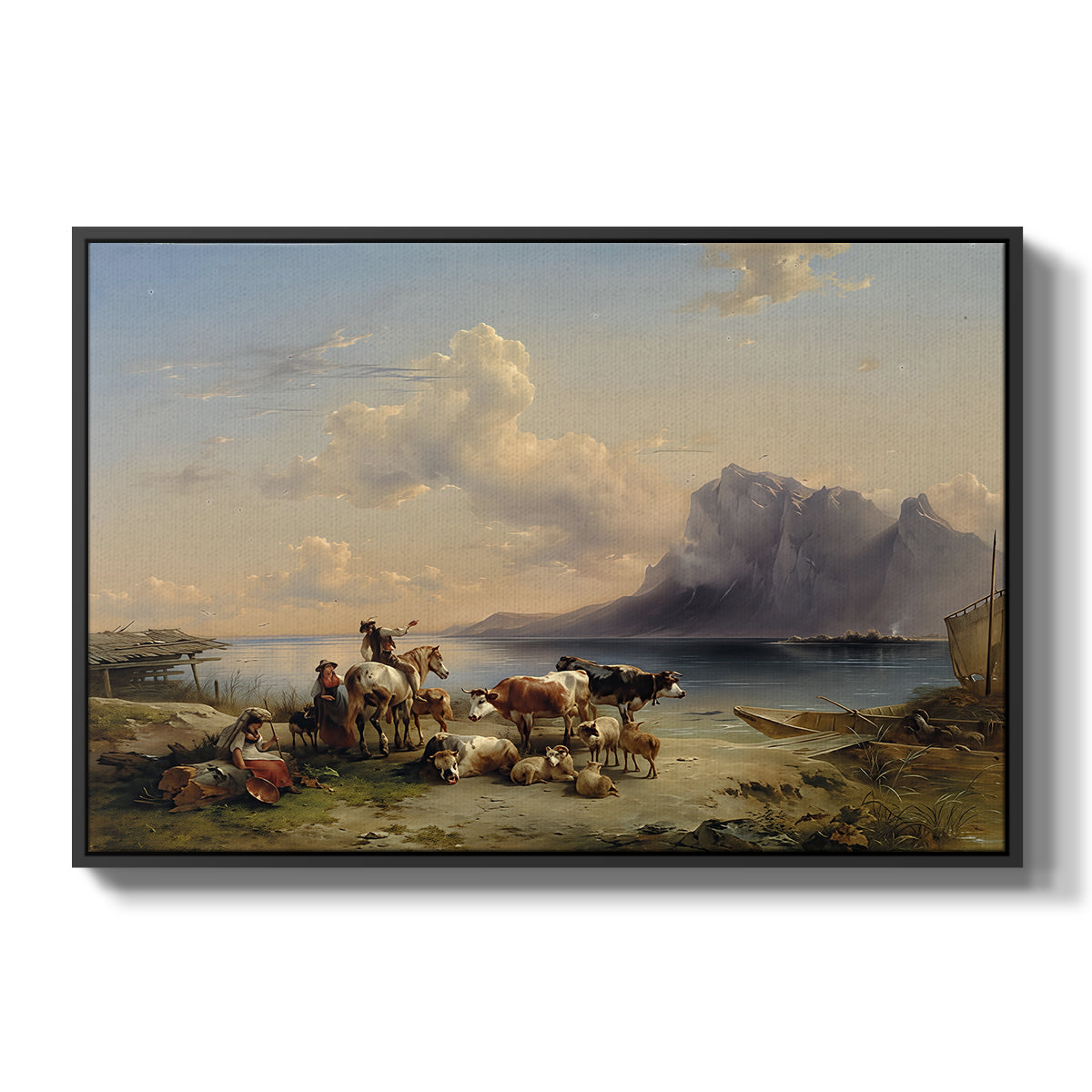 Shepherds and Cattle on Lake Attersee, 1852 - Floater Framed Canvas Print