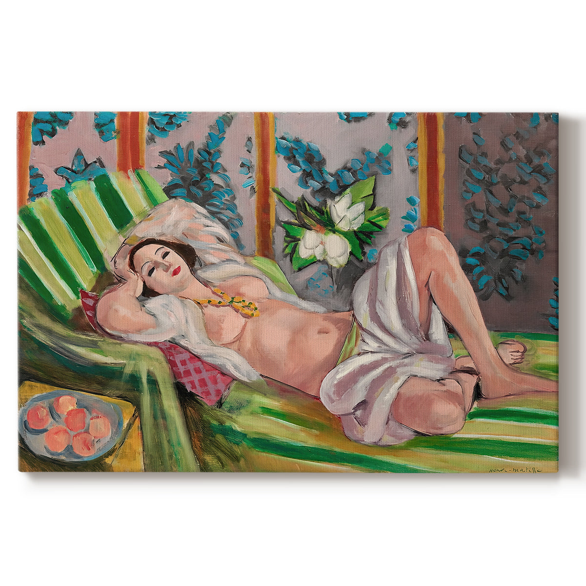 Canvas art print portraying a reclining odalisque surrounded by floral and magnolia patterns, set against a white background