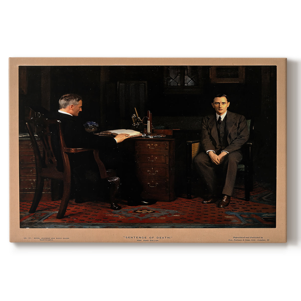 Canvas art print portraying a group of figures gathered indoors around central figure, set against a white background