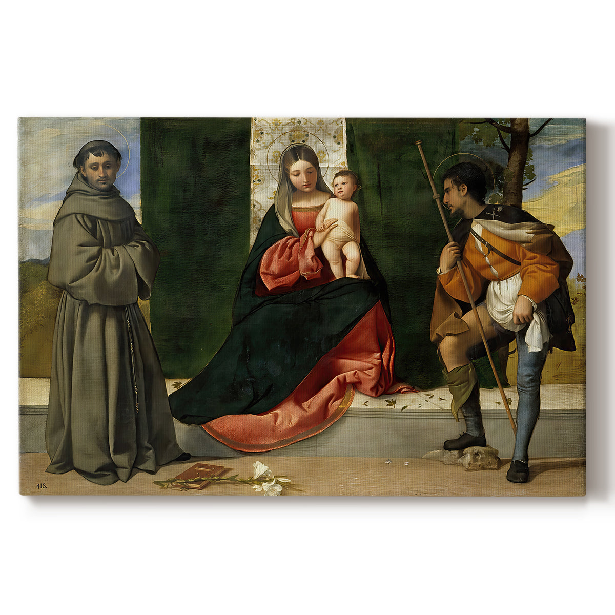 Canvas art print portraying Madonna and child seated with two saints in architectural devotional scene, set against a white background