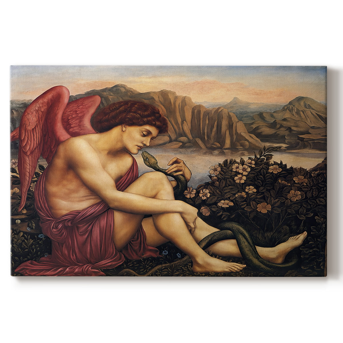 Canvas art print portraying an angelic figure confronting serpent in symbolic battle of good and evil, set against a white background