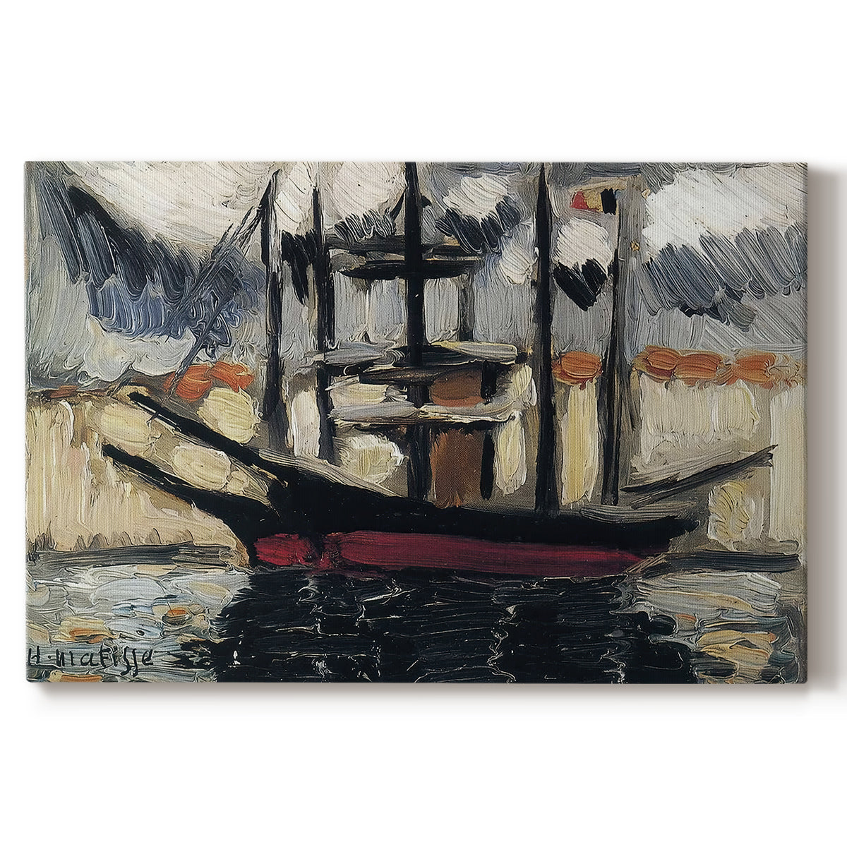 Canvas art print portraying two boats moored side by side with masts, set against a white background