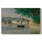 Canvas art print portraying a waterfront city view with buildings and boats along calm water, set against a white background