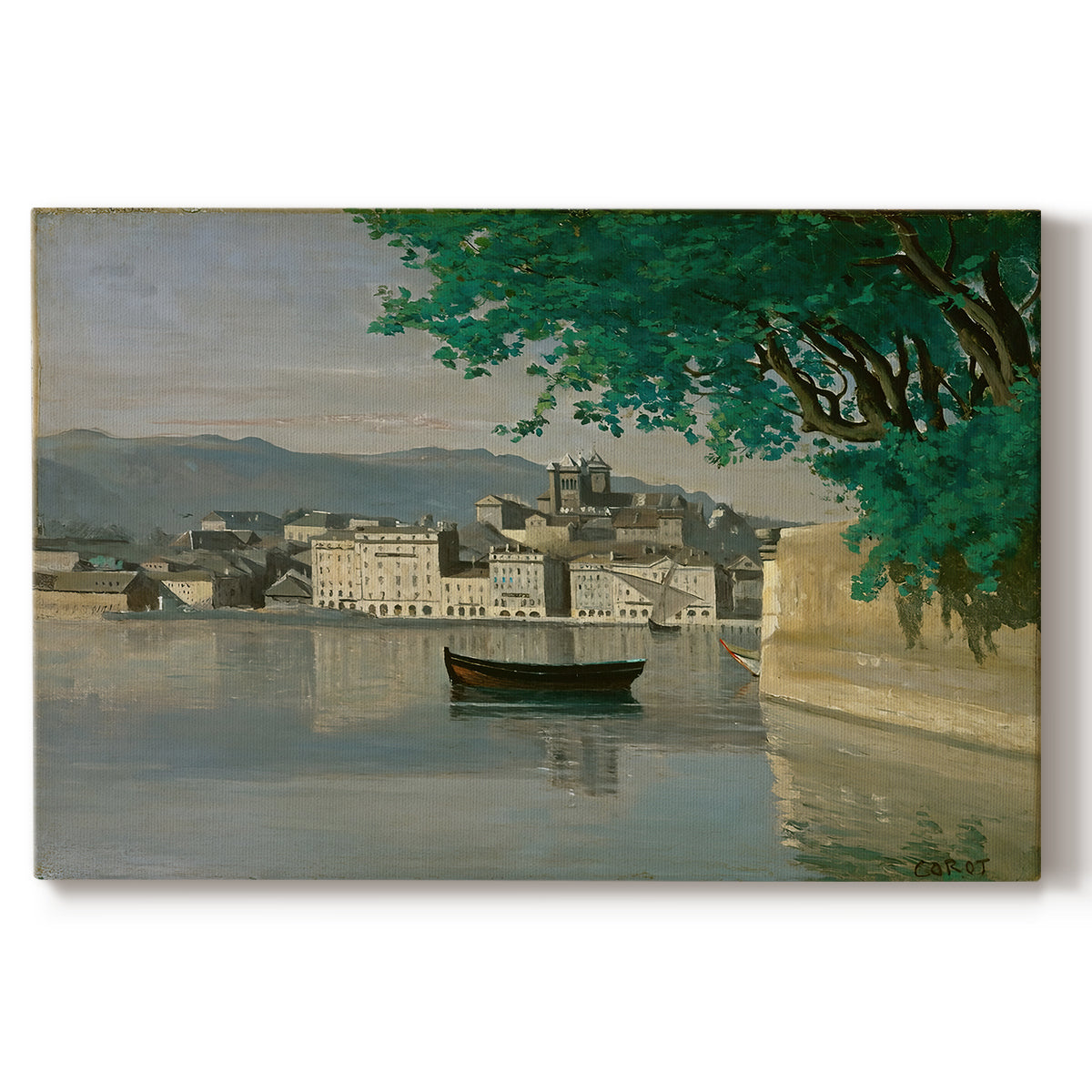 Canvas art print portraying a waterfront city view with buildings and boats along calm water, set against a white background