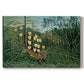 Canvas art print portraying a tiger attacking buffalo in dense jungle filled with foliage, set against a white background