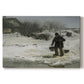 Canvas art print portraying figures walking along snowy path in winter landscape with wind and cold atmosphere, set against a white background