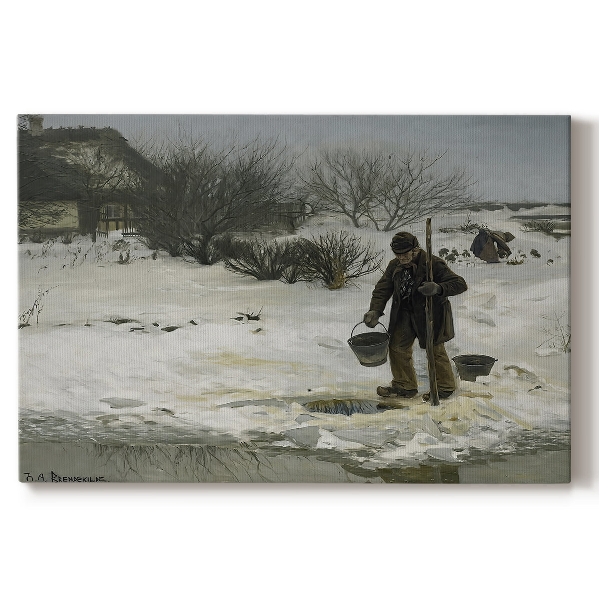 Canvas art print portraying figures walking along snowy path in winter landscape with wind and cold atmosphere, set against a white background