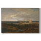 Canvas art print portraying a coastal view with ships and shoreline under sky, set against a white background