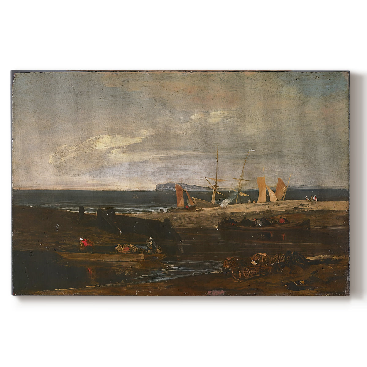 Canvas art print portraying a coastal view with ships and shoreline under sky, set against a white background