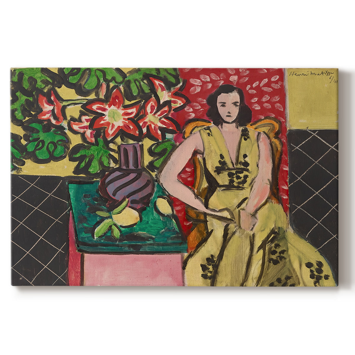 Canvas art print portraying a seated woman beside a vase of amaryllis in a richly patterned interior, set against a white background