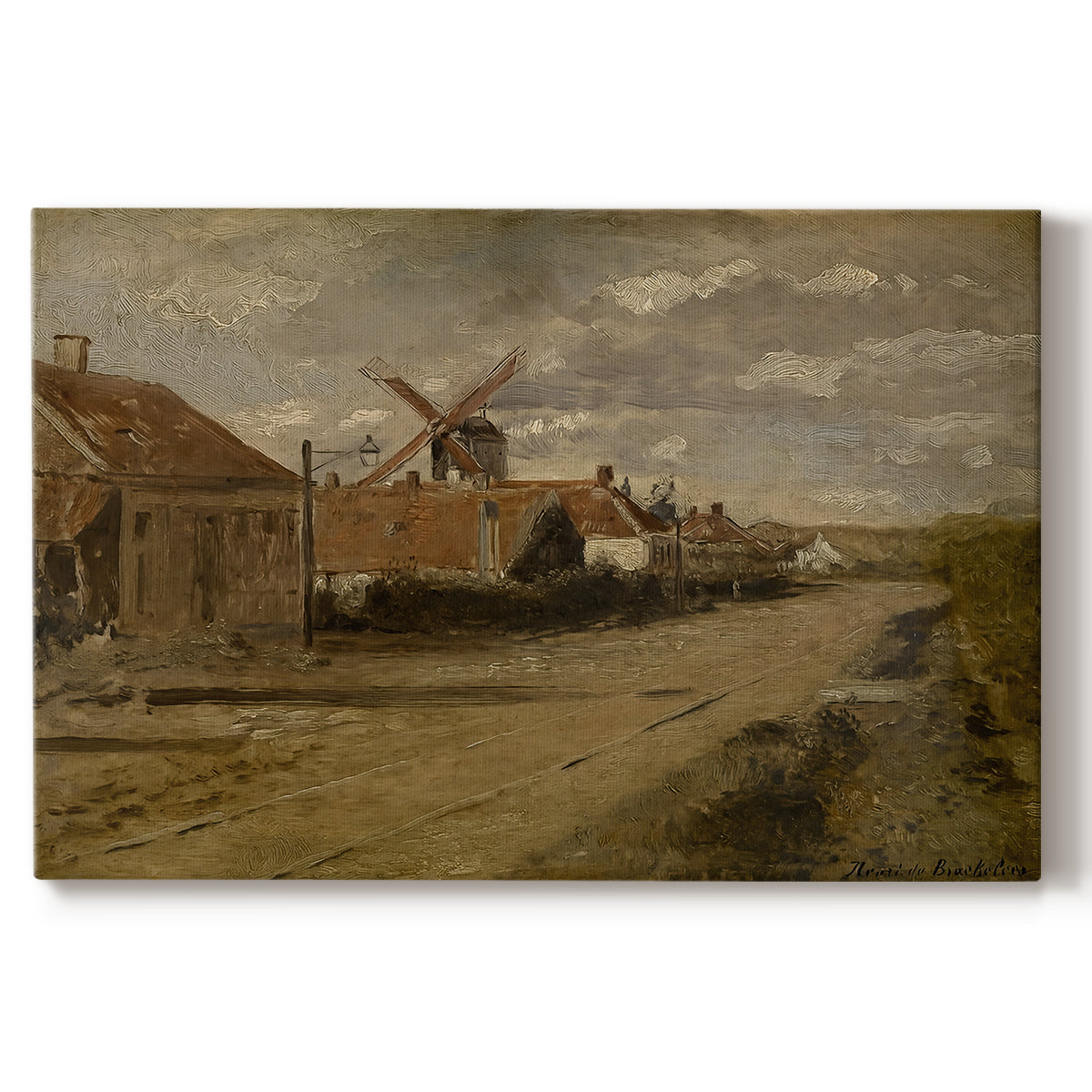 Canvas art print portraying a mill building beside water in quiet rural landscape, set against a white background