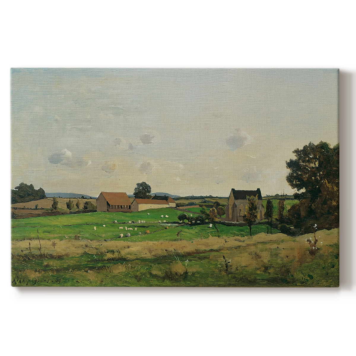 Canvas art print portraying an estate building surrounded by trees and open pastoral landscape, set against a white background