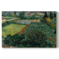 Canvas art print portraying a field dotted with red poppies under bright sky and rolling terrain, set against a white background