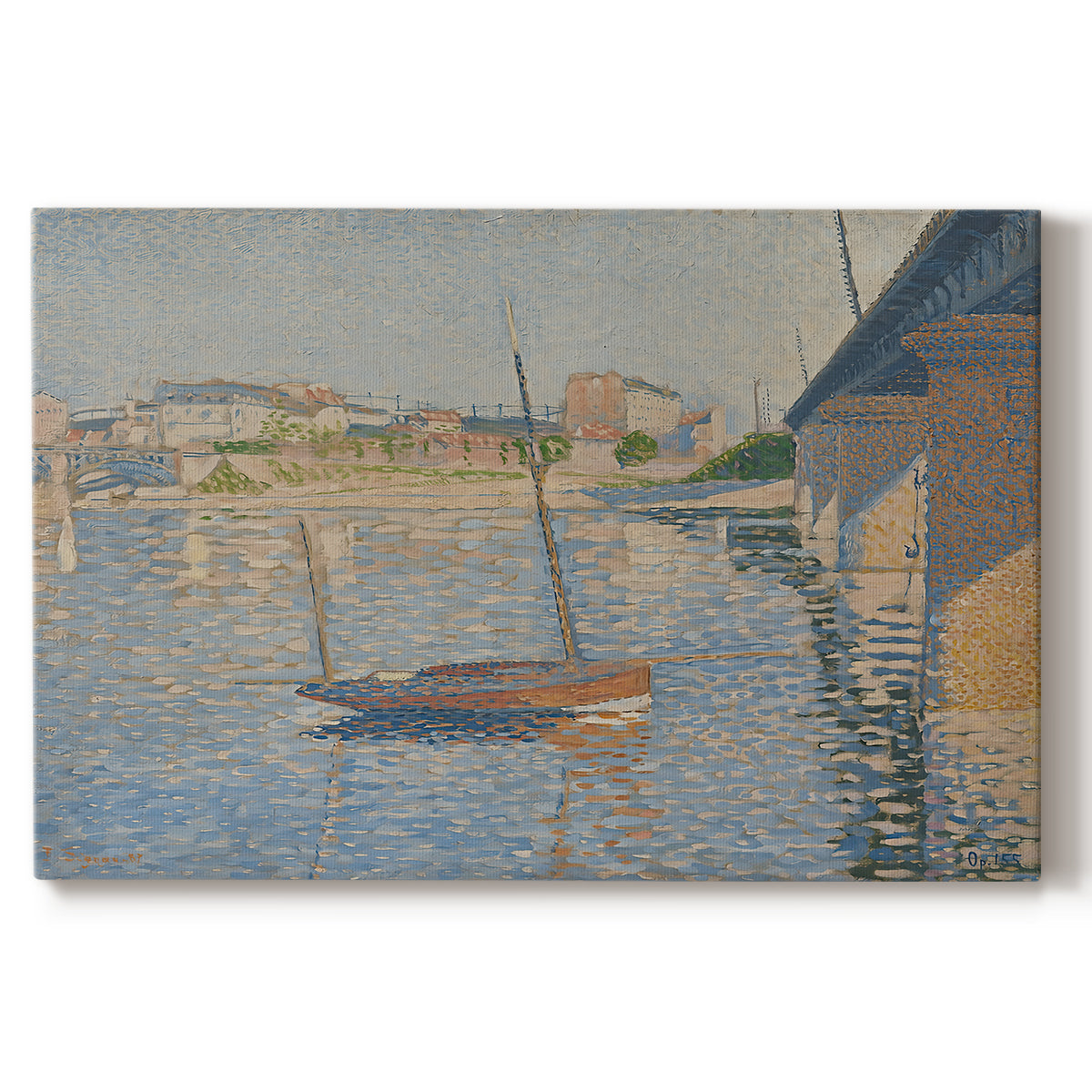 Canvas art print portraying boats docked along river with masts, set against a white background