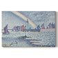 Canvas art print portraying boats entering harbor with buildings, set against a white background