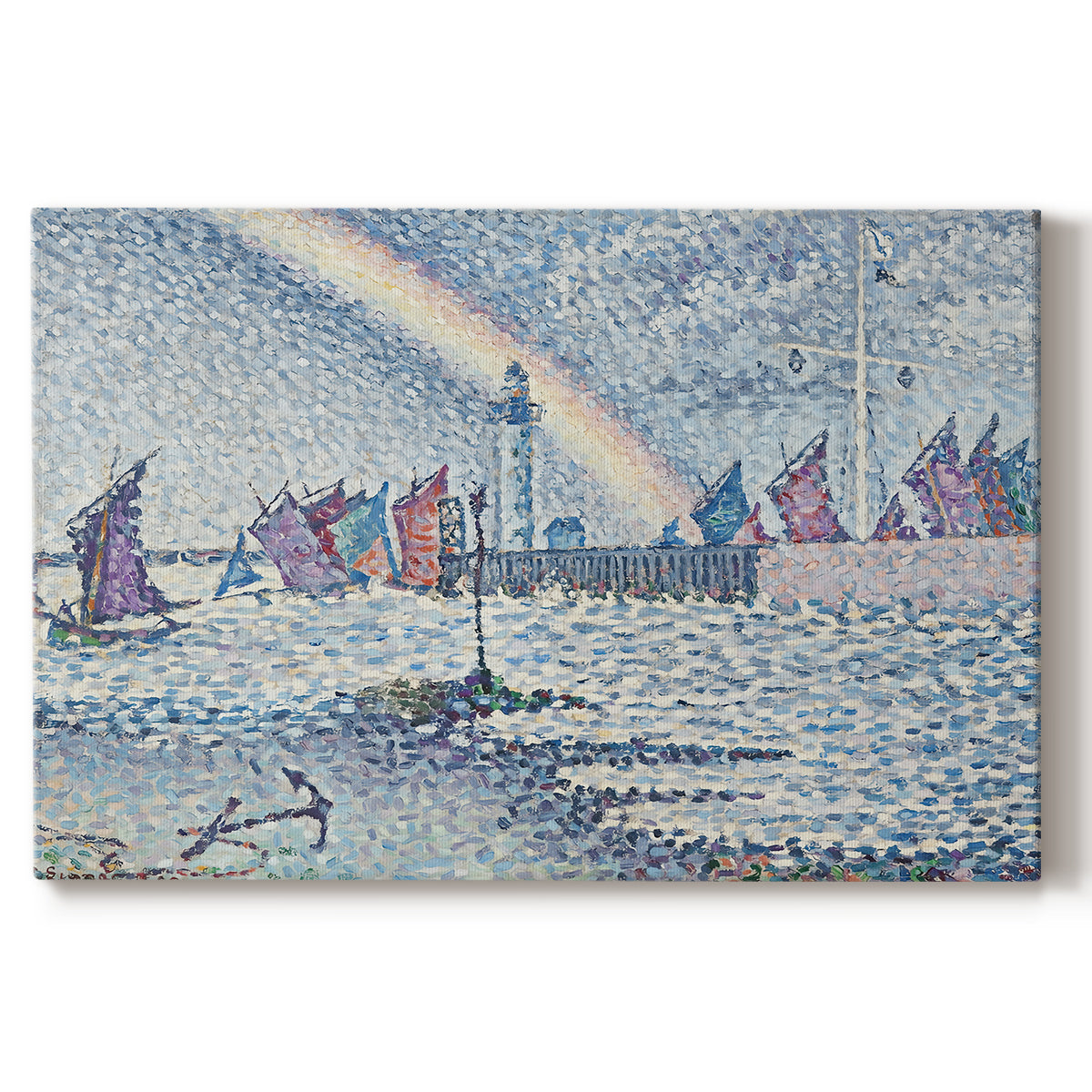 Canvas art print portraying boats entering harbor with buildings, set against a white background