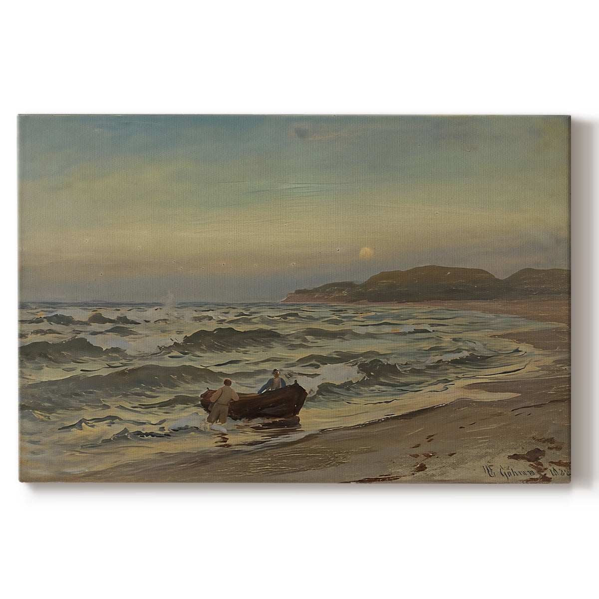 Canvas art print portraying a stormy coastal scene with waves crashing under dark dramatic sky, set against a white background