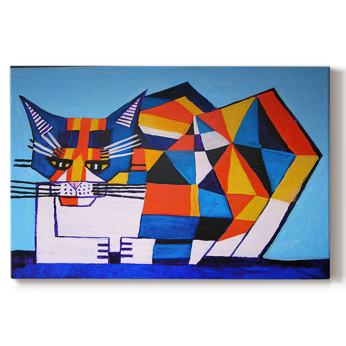 Canvas art print portraying a fragmented geometric figure composed of colorful shapes, set against a white background