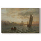Canvas art print portraying a coastal landscape with boats scattered across fjord and distant landforms, set against a white background