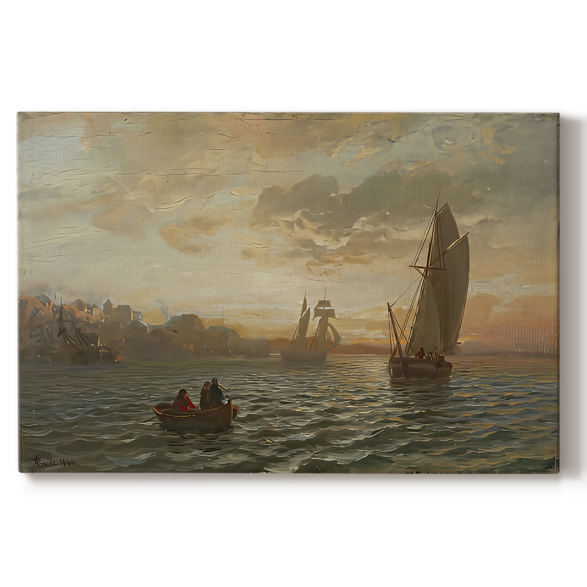 Canvas art print portraying a coastal landscape with boats scattered across fjord and distant landforms, set against a white background