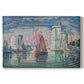 Canvas art print portraying a harbor opening with boats and structures, set against a white background