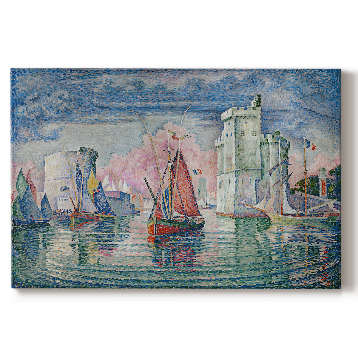 Canvas art print portraying a harbor opening with boats and structures, set against a white background