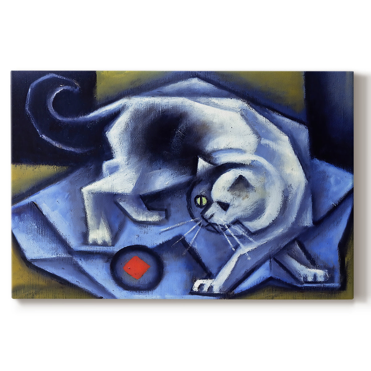 Canvas art print portraying a geometric cat interacting with ball in cubist composition, set against a white background